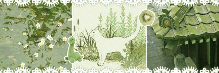 three different pictures with green and white designs on them, one has a cat in the middle