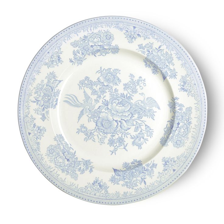 a blue and white plate with floral designs on the rim, against a white background