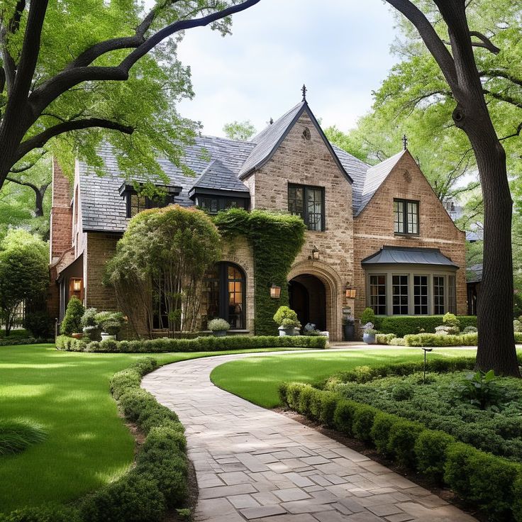 a large brick house surrounded by lush green trees and shrubs with a pathway leading to the front door