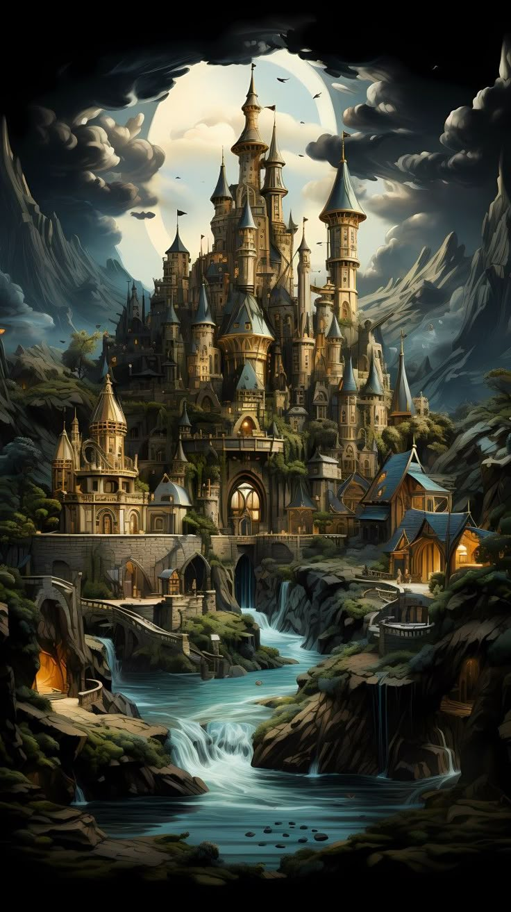 an image of a fantasy castle in the sky with waterfall and mountains around it, surrounded by clouds