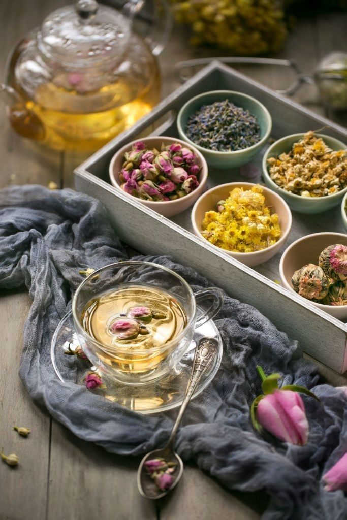 a tea tray filled with different types of flowers