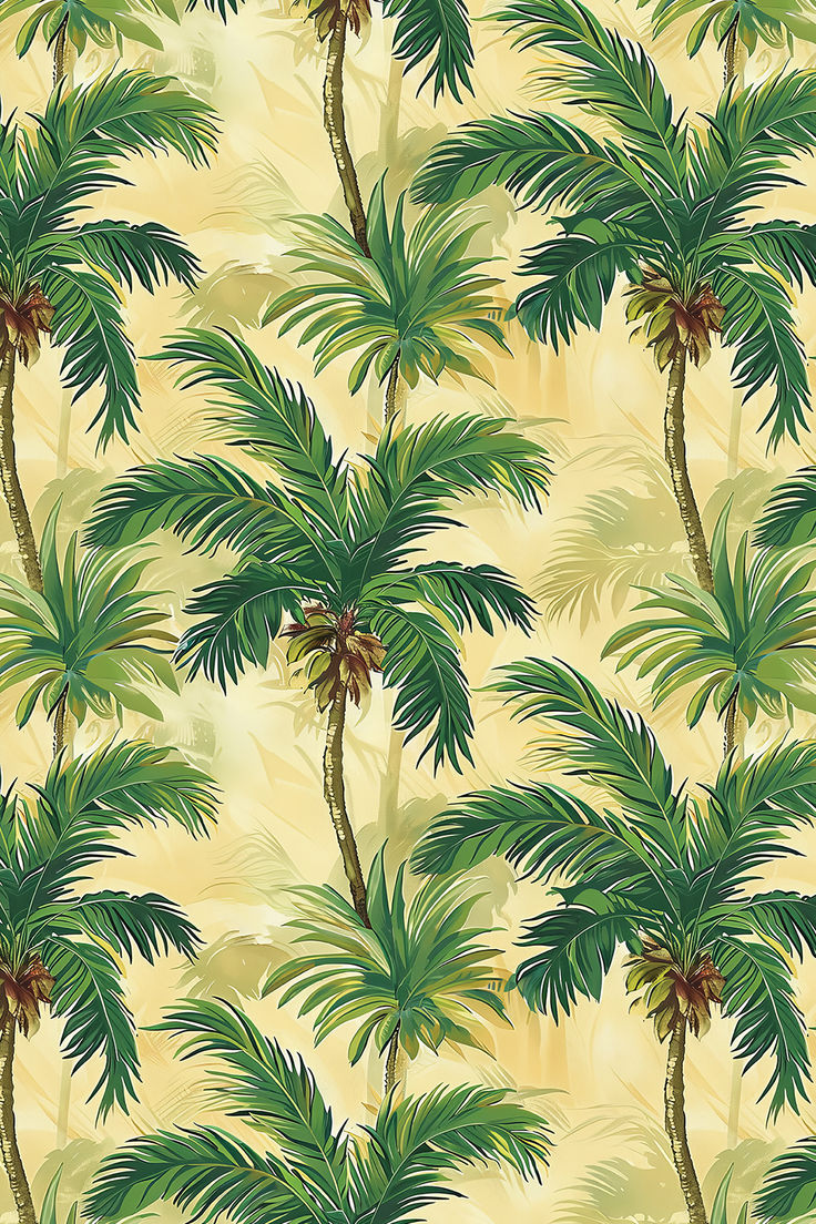 a wallpaper with palm trees on it in green and yellow colors, including one large leafy tree