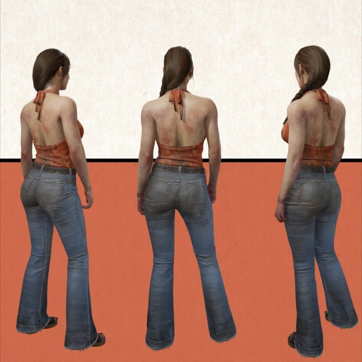 three different views of a woman with her back turned to the camera and wearing jeans