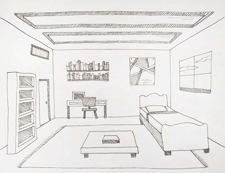 a drawing of a living room with couch, coffee table and bookshelf on the wall