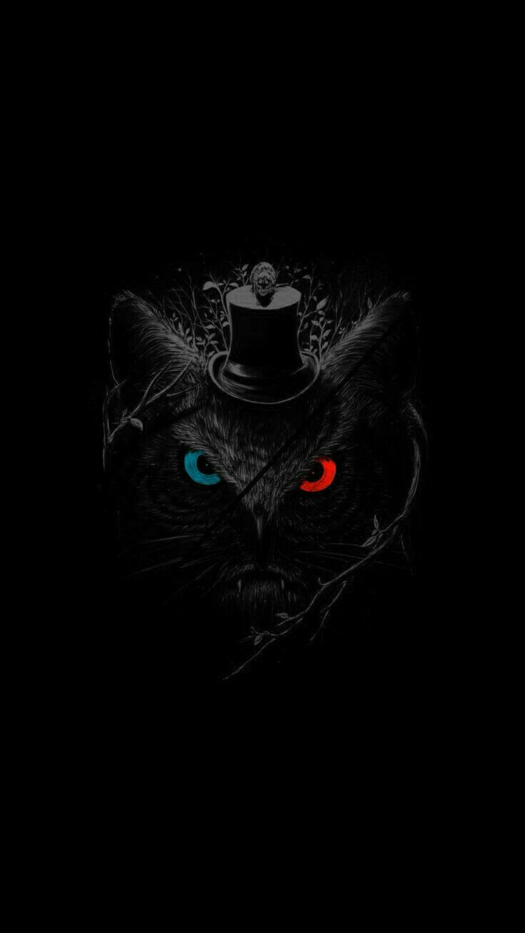 a black cat with red eyes and a top hat on it's head in the dark