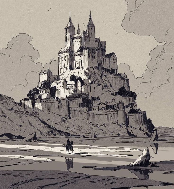 a drawing of a castle on top of a hill with two people walking in the foreground