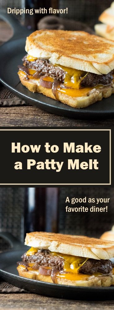 two black plates with sandwiches on them and the words how to make a patty melt