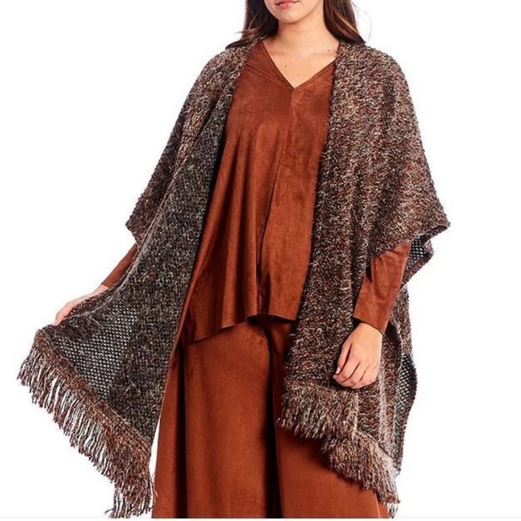 Bryn Walker Sizes Xxs, Small, And Medium Brown Oversized Wool Blend Fringe Wrap Poncho Sweater In Marrone Multi 41% Acrylic 29% Virgin Wool 18% Nylon 10% Polyester 2% Other Fibers New With Tags Send Me An Offer! Brown Poncho For Layering, One Size, Brown Shawl Cape For Fall, Brown Long Sleeve Shawl For Fall, Long Sleeve Brown Shawl For Fall, Cozy Brown Poncho For Layering, Cowl Poncho, Open Front Poncho, Bryn Walker, Poncho Cardigan