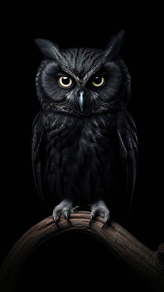 an owl sitting on top of a tree branch with yellow eyes and large, black feathers