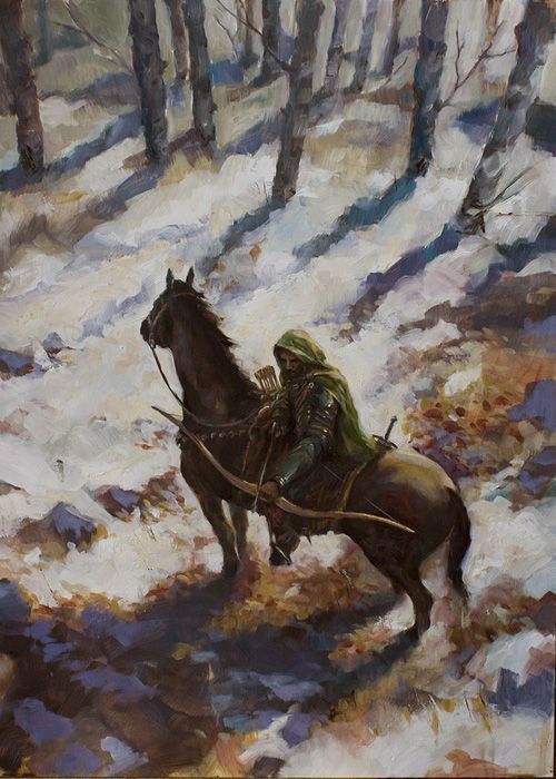 a painting of a man riding on the back of a horse through a snow covered forest