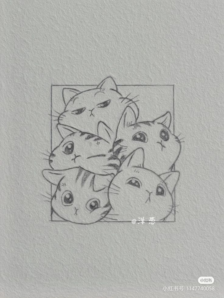 a drawing of four cats in a square with their heads tilted to the side and eyes closed