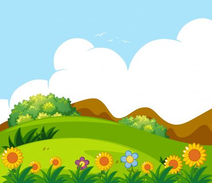 a green field with flowers and hills in the backgroung illustration for children's books