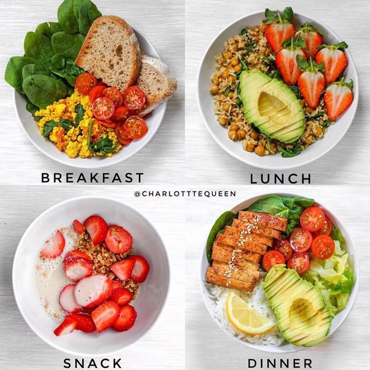 four plates with different types of food on them, including strawberries and avocado