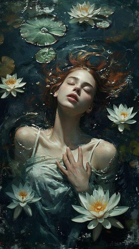 a painting of a woman floating in water surrounded by lily pads