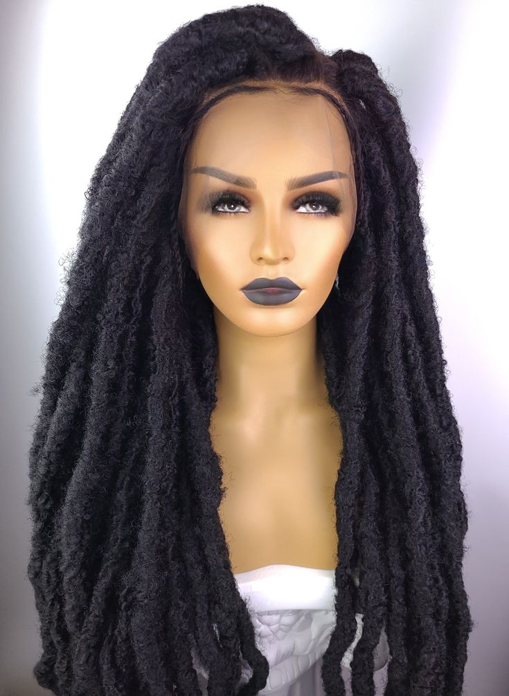 Skip the tension on your scalp and hours in the salon. Our handmade custom Jumbo Locs wigs are extremely versatile. Our units are brand new, unused, and unworn. The synthetic locs are constructed on a medium human hair full lace wig base, lightly bleached knots, 3 combs, baby hair, adjustable strap, and elastic band. Jumbo Locs wigs can last two years or more with proper care.Washing Instructions: Add conditioner to water. Wash wig gently. Soak wig in fresh water. Air dry laying flat. FAQ: Why i Wig Washing, Jumbo Locs, Locs Wigs, Boho Locs, Crochet Wig, Curly Bangs, Custom Wigs, Wigs Online, Locs Hairstyles