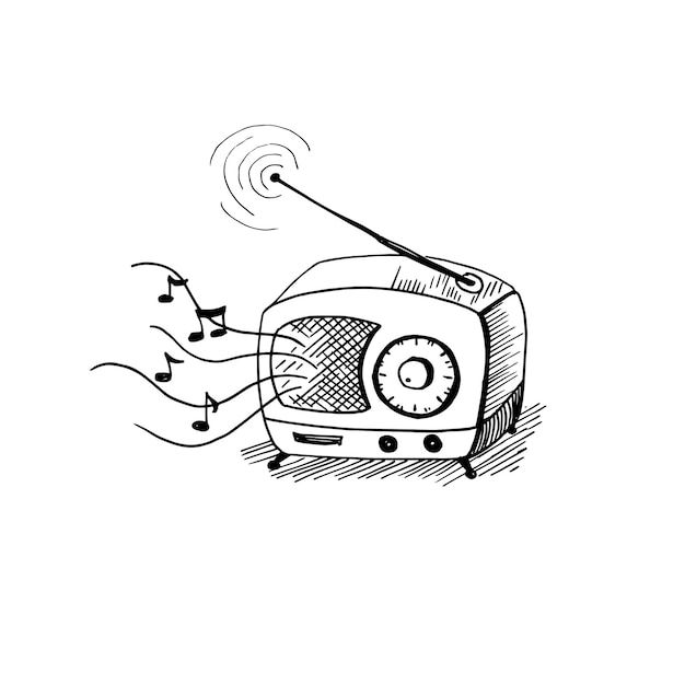 a drawing of a radio with sound waves coming out of it and music notes in the air