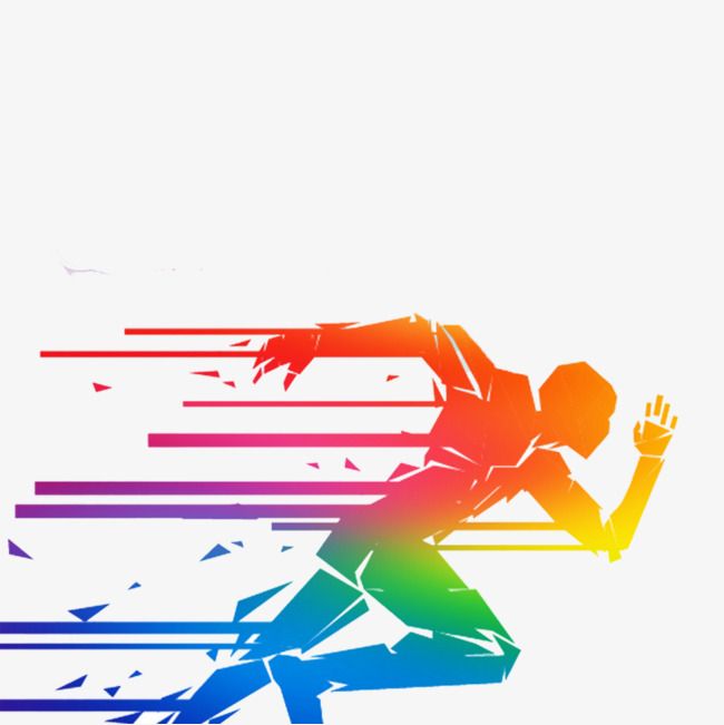 a man is running with his hand up in the air and rainbow lines behind him