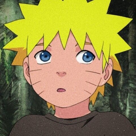 an anime character with yellow hair and blue eyes looking at the camera while standing in front of trees