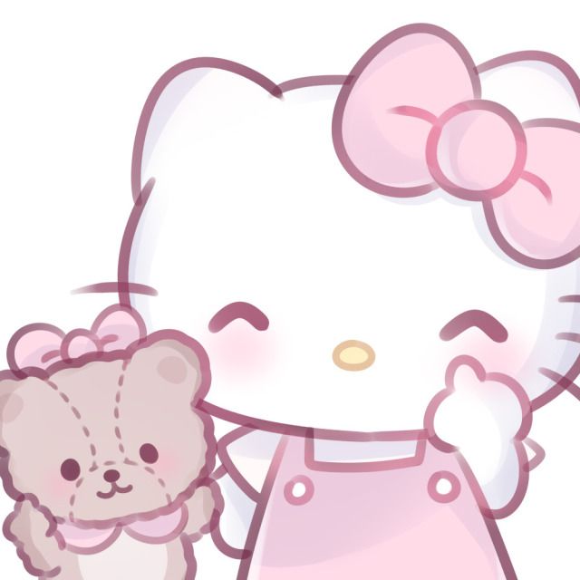 an image of a hello kitty holding a teddy bear in her hand and wearing a pink dress