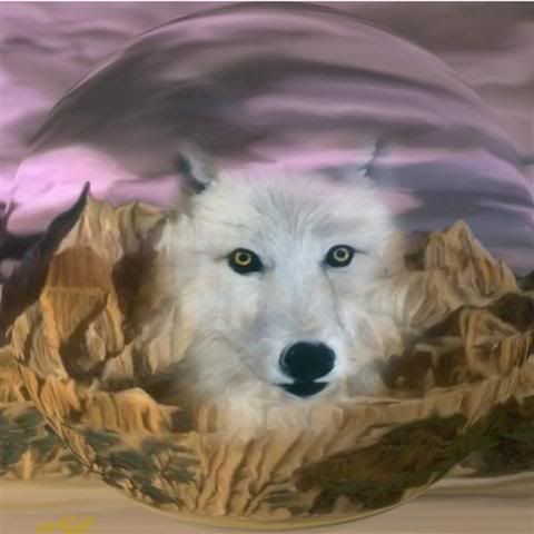 a happy birthday card with an image of a white wolf in front of mountains and clouds