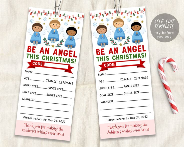 two christmas gift tags with the words be an angel and another one has a candy cane