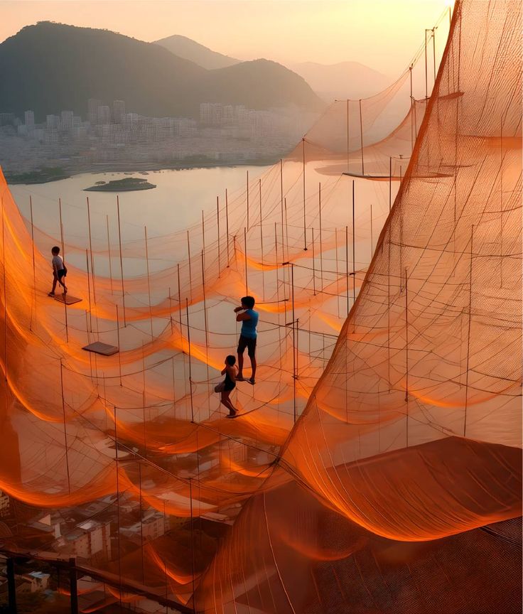 some people are walking on the beach with orange nets