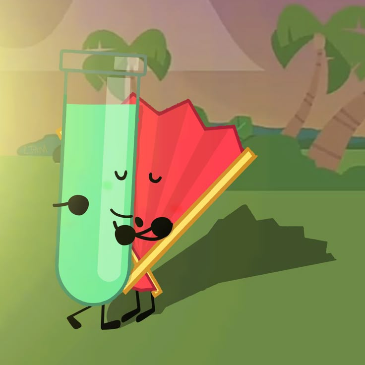 a cartoon character holding a red and green umbrella next to a tall glass with something in it