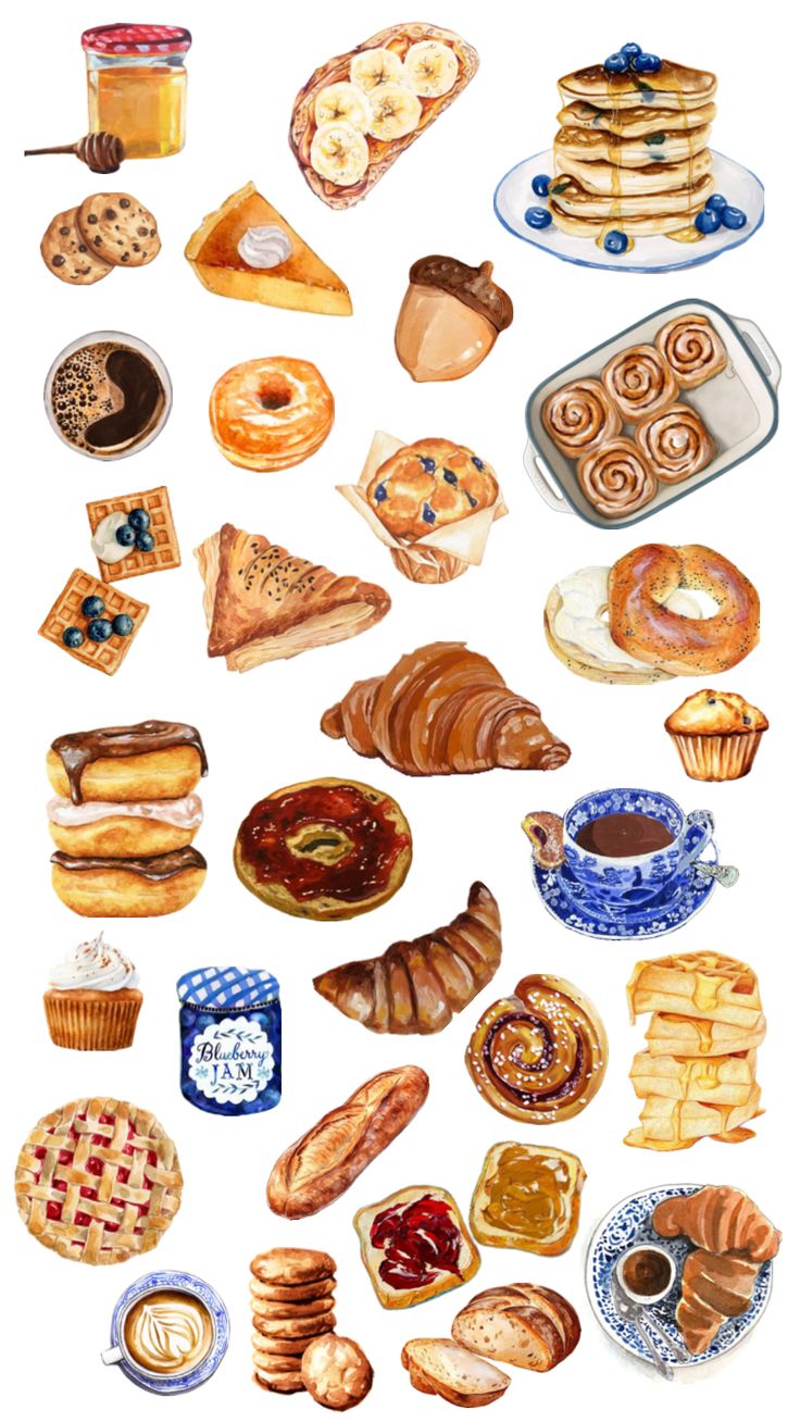 watercolor painting of different types of breads and pastries