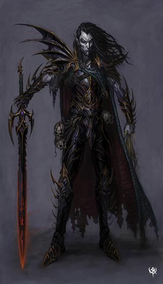 a drawing of a demon holding two swords and wearing armor with long hair, standing in front of a gray background