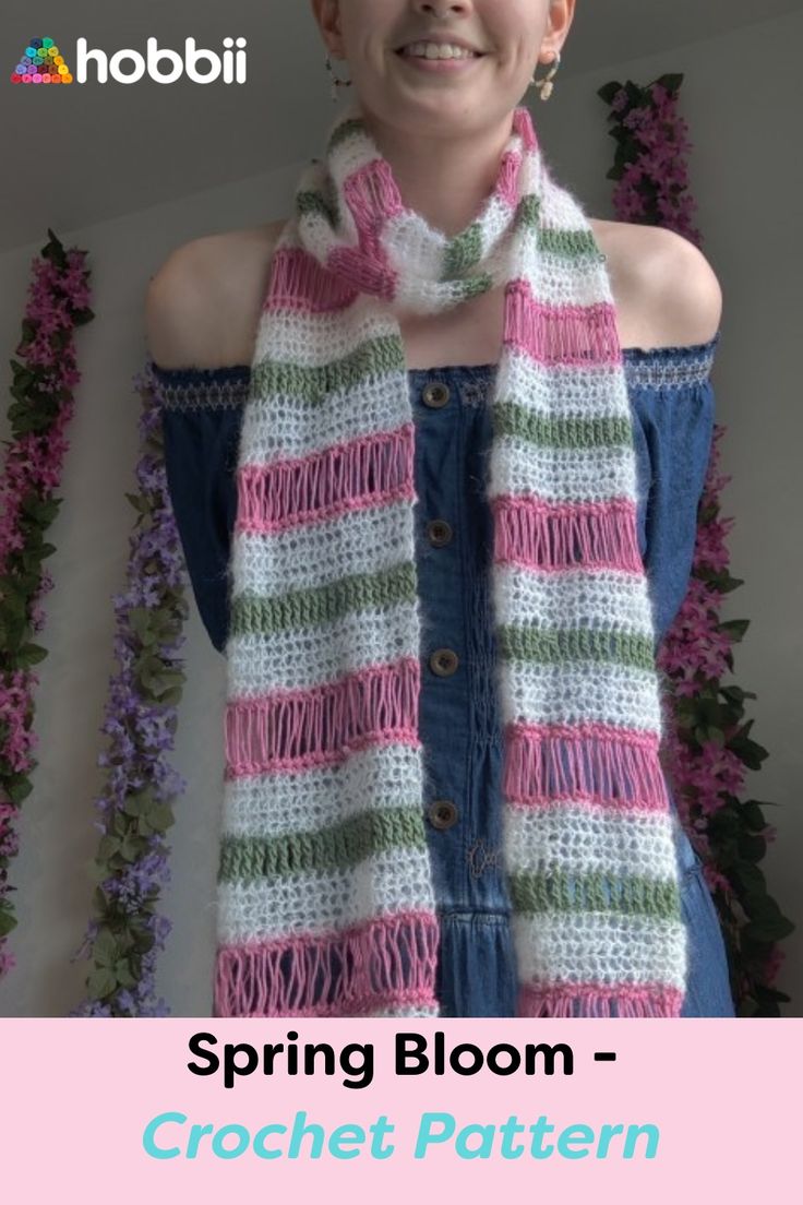 a woman wearing a pink, green and white striped scarf with text reading spring bloom crochet pattern