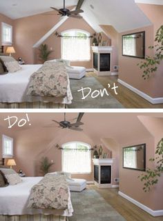 two pictures of a bedroom with pink walls and white ceiling, one showing the same room