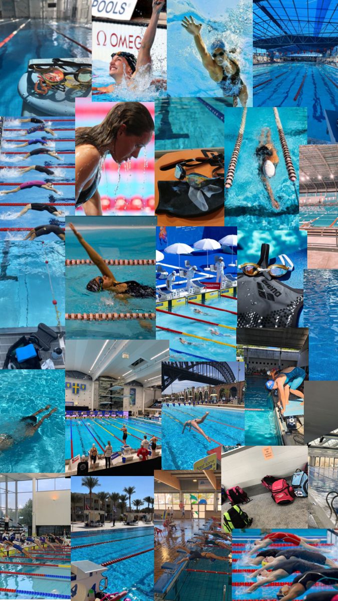 the collage shows many different images of people swimming