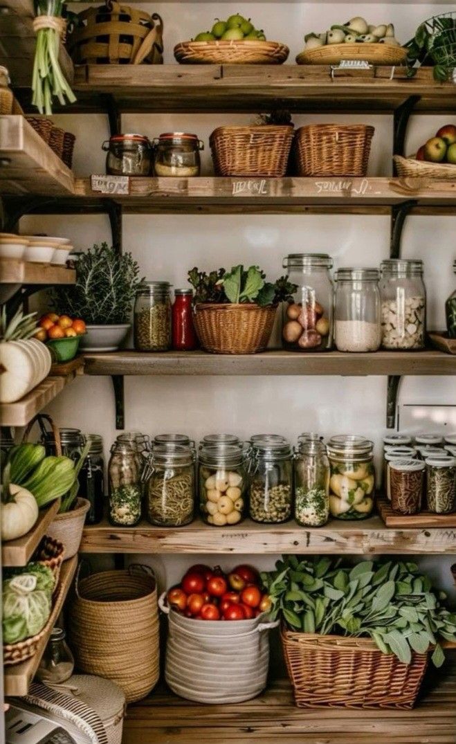 shelves filled with lots of different types of vegetables and fruits in baskets on top of them