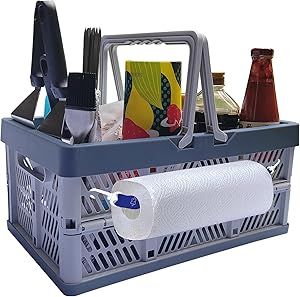 a gray plastic basket filled with lots of cleaning supplies and toilet paper on top of a white background