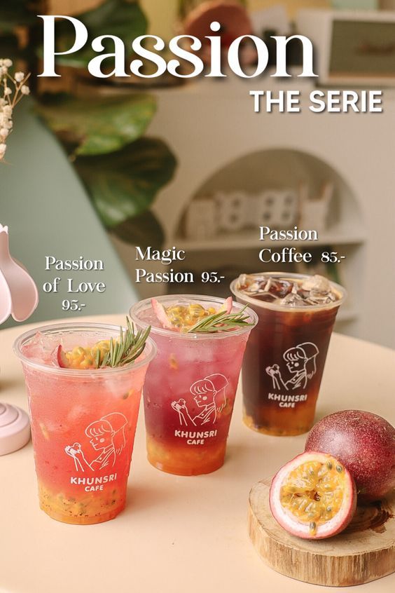 four different types of drinks on a table with the title passion the series above them