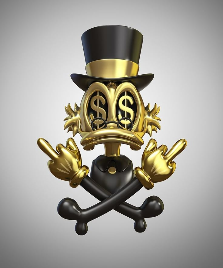 a gold and black hat with dollar signs on it's side, sitting atop a skull