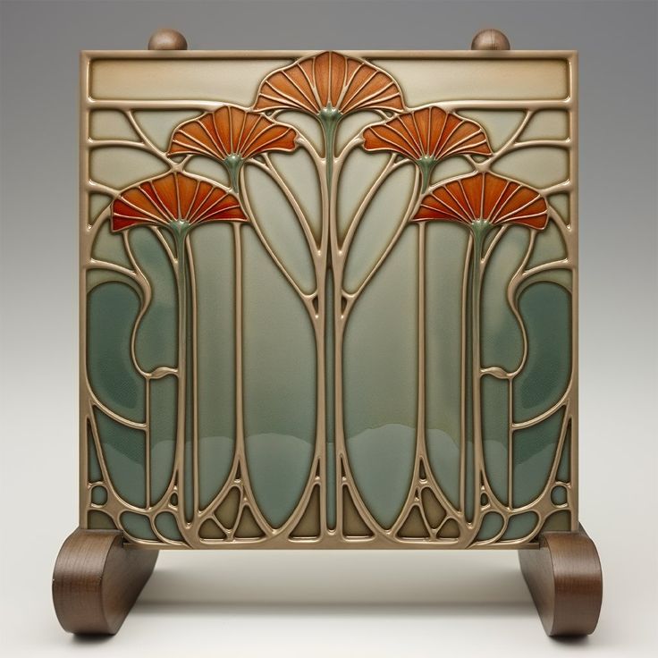 an art deco glass panel with three flowers on the front and sides, set against a white background