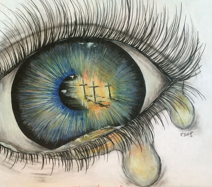 a drawing of an eye with the cross drawn on it's iris and drops of water