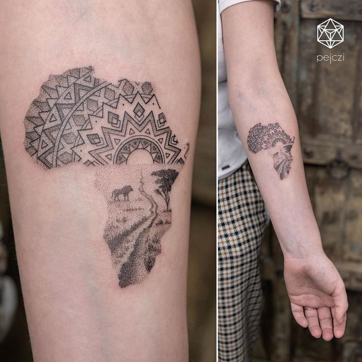 two pictures of the same person with tattoos on their legs, one has an african map