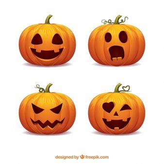 four pumpkins with faces carved into them, all in different shapes and sizes on white background