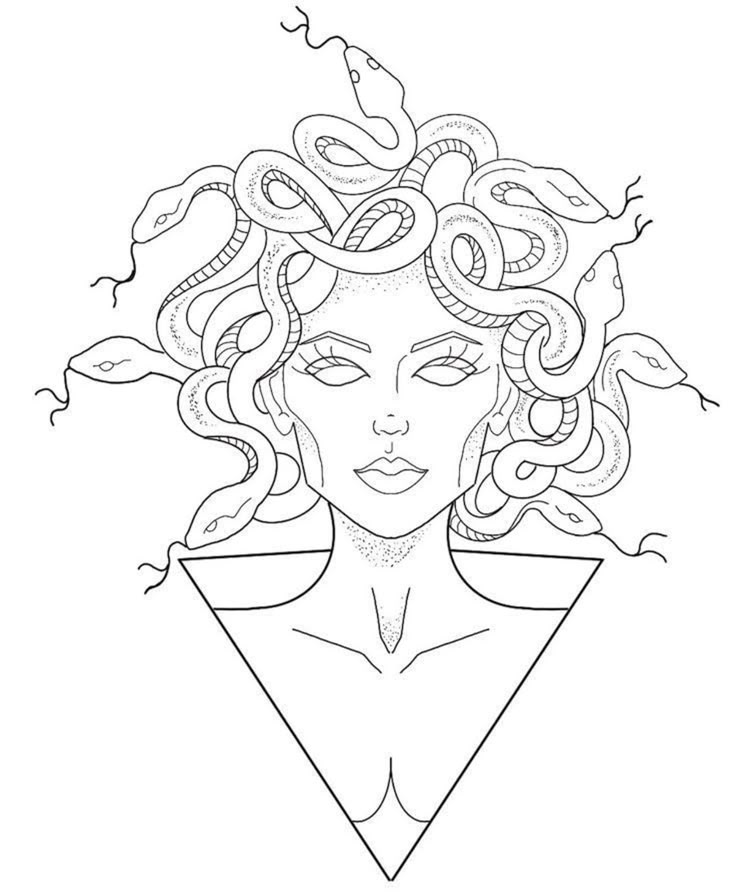 a drawing of a woman with snakes on her head and hair in the shape of a triangle