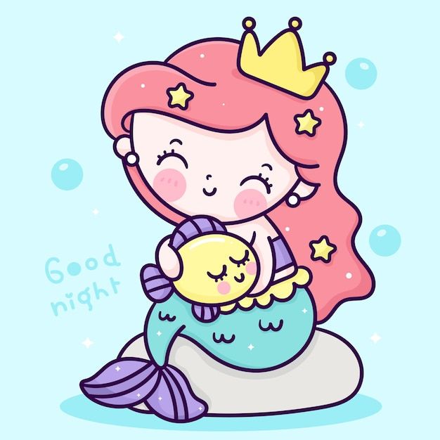 a little mermaid with pink hair and a crown holding a baby doll in her arms