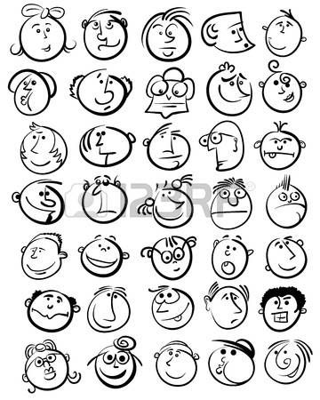 cartoon faces drawn in black and white on a white background stock photo, royalty illustration