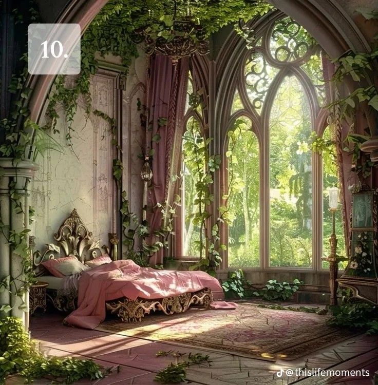 an image of a bedroom setting with ivy growing on the walls and windows above it