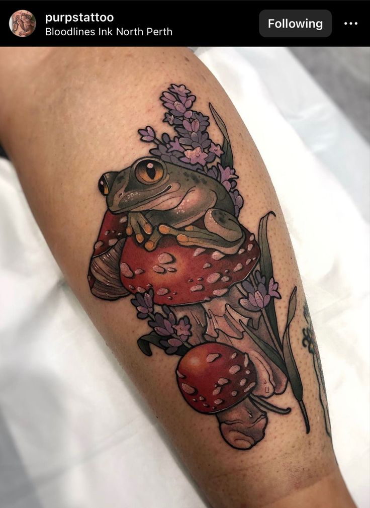 a frog sitting on top of a mushroom with flowers around its neck and eyes open