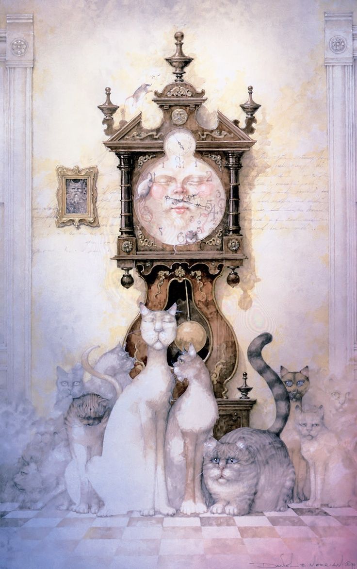 a clock with cats around it in front of a painting on the wall behind it