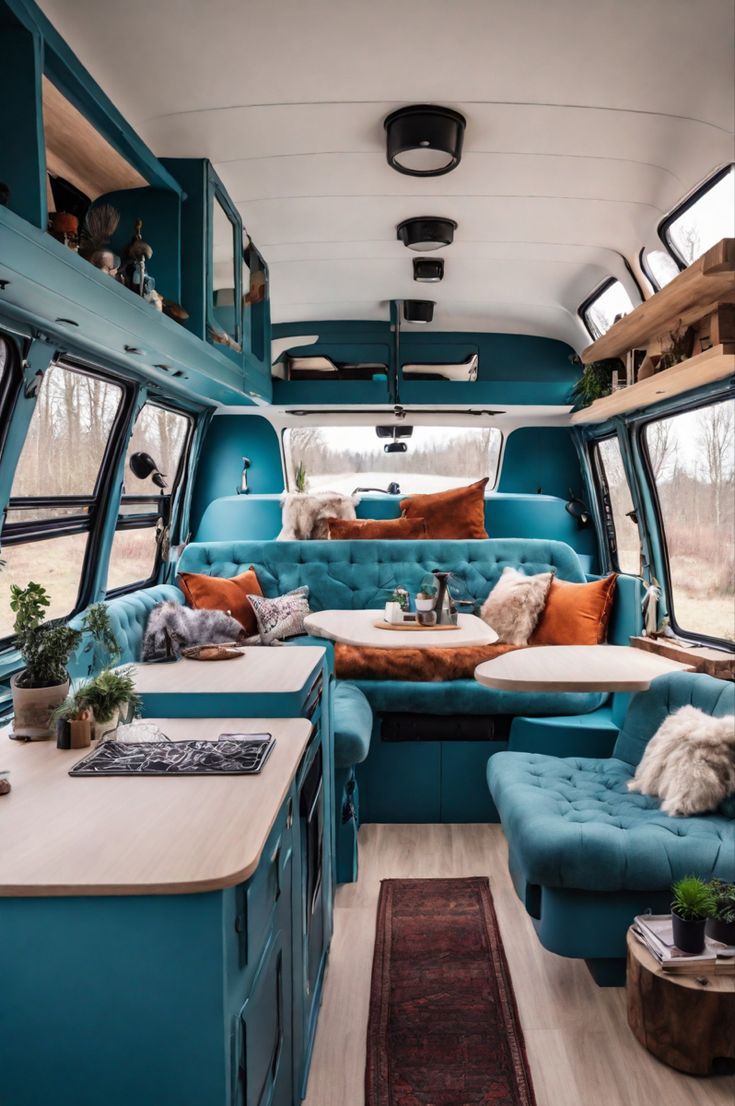 the interior of an rv with blue couches