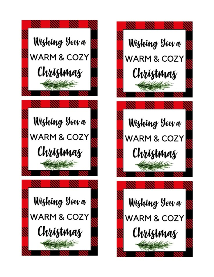 four red and black christmas labels with the words wishing you a warm & cozy christmas