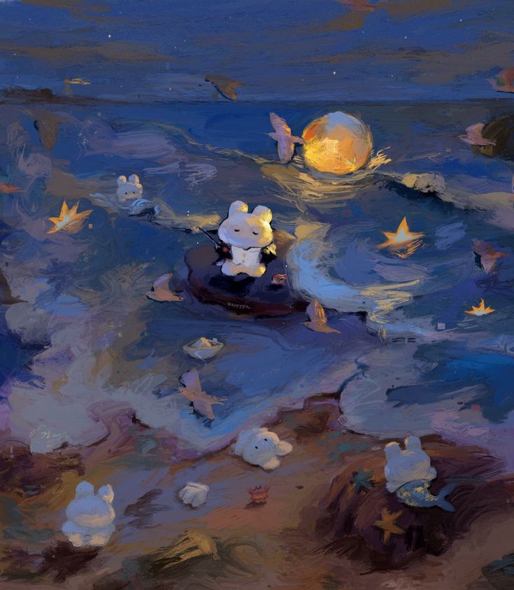 an oil painting of a teddy bear floating in the ocean at night with stars flying around