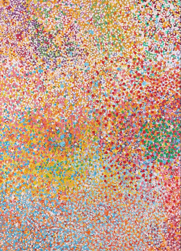 an abstract painting with multicolored dots in the middle and white border around it